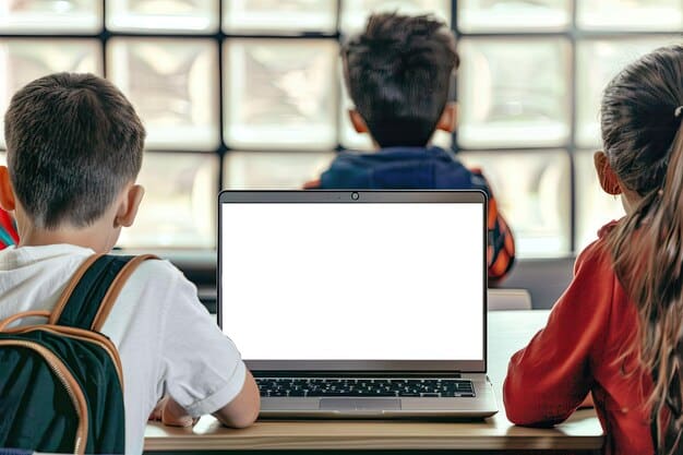 A split screen showing two students: one using a laptop in a well-equipped classroom and the other using a smartphone to access online learning materials in a resource-scarce environment. This visually represents how