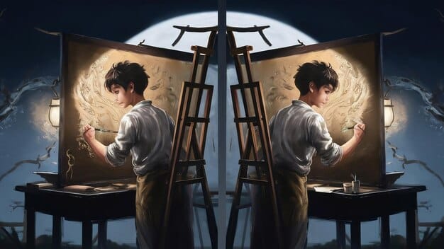 A split screen showing a traditional artist with paintbrushes on one side and an AI-powered tool generating digital art on the other. The image highlights the contrast and potential collaboration between human and artificial creativity. The Impact of AI on Creativity: Will Machines Replace Human Artists and Writers? is visible as a small text overlay.