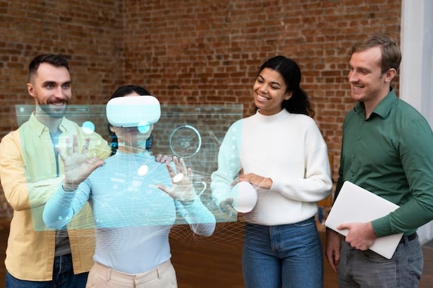 A diverse group of people interacting with virtual interfaces and data visualizations, symbolizing inclusive AI design and ethical considerations.