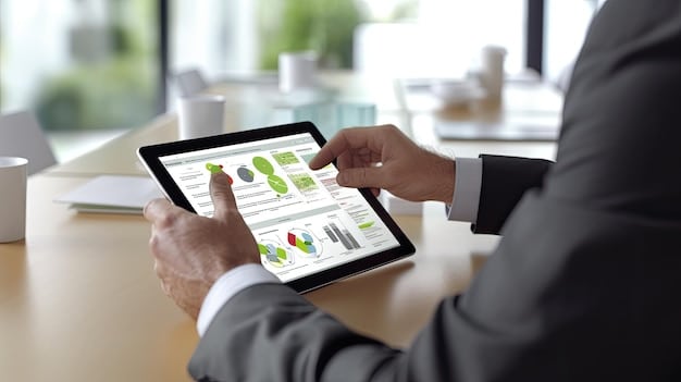 An auditor reviewing sustainability data on a tablet, surrounded by documents and a graph showing ESG performance trends. Professional and detailed.