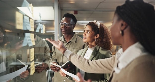 A diverse group of business professionals in a modern office, collaborating on a large interactive screen displaying sustainability metrics and supply chain diagrams. Focus on collaboration and data integration.