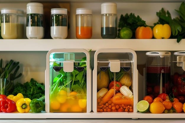 An open refrigerator organized with various food containers, labeled shelves for different food types, and reusable silicone bags, showcasing efficient and sustainable food storage practices.