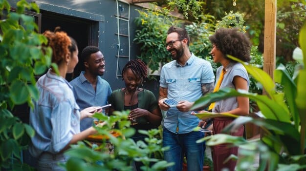 A diverse group of people participating in a community workshop on sustainable living, focusing on interactive demonstrations of meal planning, food preservation, and composting techniques, creating an engaging and educational atmosphere.