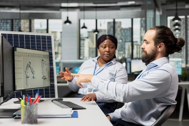 A close-up of a sophisticated solar cell in a laboratory setting, with scientists in the background reviewing data on computer screens, illustrating advanced solar research.