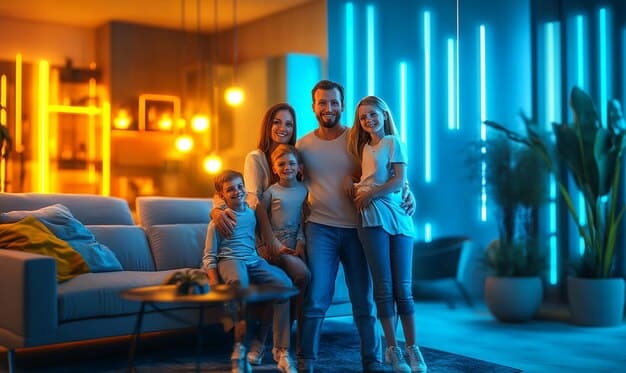 A family happily gathered in their living room, well-lit by modern LED lights, emphasizing comfort and energy savings.