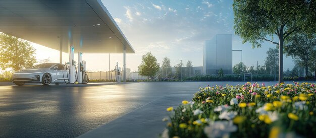 A sleek electric car charging at a public charging station in a modern city setting, with solar panels visible on nearby buildings, symbolizing renewable energy use.