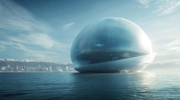 A futuristic rendering of a hyperloop capsule traveling through a transparent tube, with a city skyline in the background, representing advanced, sustainable high-speed transit.