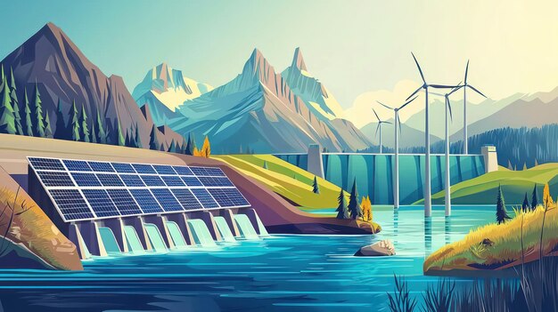 A stylized illustration depicting a diverse energy grid with solar panels, wind turbines, hydroelectric dams, and electric vehicle charging stations seamlessly integrated. The image emphasizes interconnectivity and innovation in green energy.