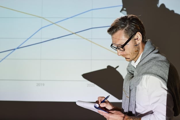 A detailed close-up shot of an individual carefully examining a complex financial chart on a tablet, with blurred solar panels and wind turbines in the background, symbolizing informed investment decisions in renewable energy.
