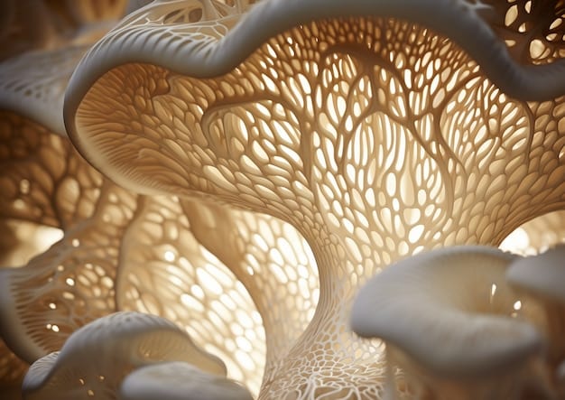 Conceptual design of a mycelium-based packaging protecting a delicate electronic device, highlighting the natural texture and form of the mushroom-derived material.