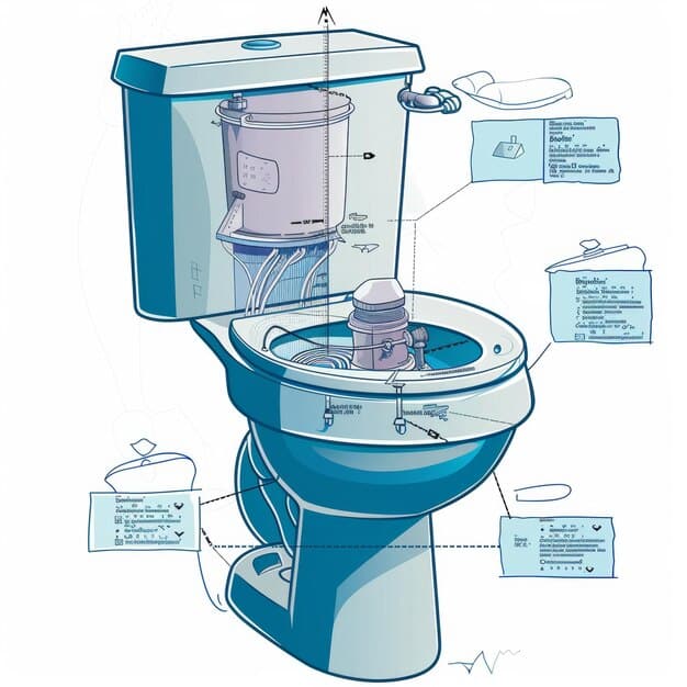 A schematic diagram of a dual-flush toilet, highlighting its water-saving mechanism, with a clear focus on the reduced flush volume.