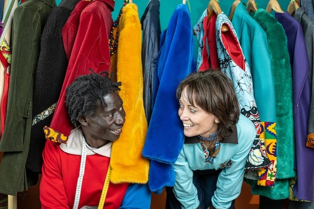 A person happily sorting through a rack of diverse, colorful clothes at a vibrant, well-lit secondhand store, emphasizing the joy and variety of thrift shopping.