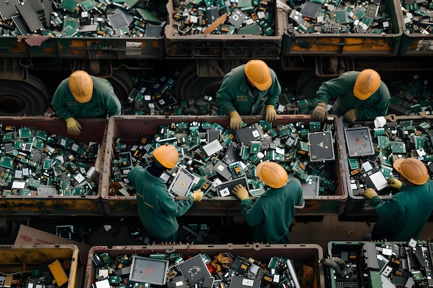A professional e-waste recycling facility with large machines sorting and processing electronic components, workers in safety gear ensuring proper handling, and clear separation bins for various materials.