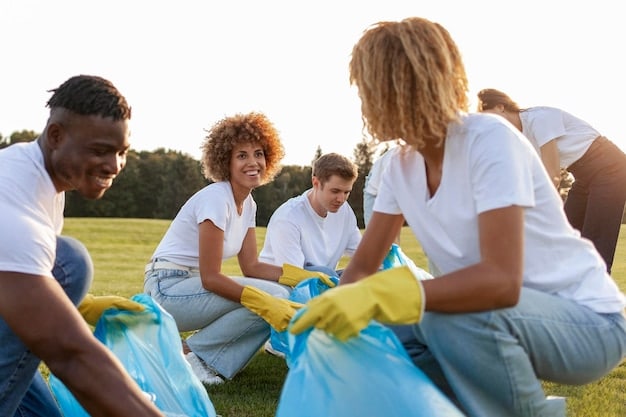 A diverse group of people participating in a community clean-up event, showing teamwork and local engagement.