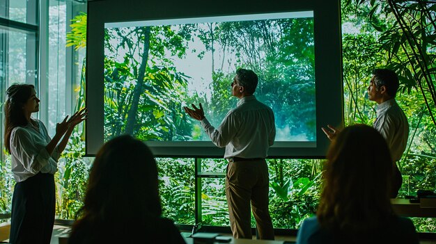 A person speaking passionately at a community meeting, gesturing towards a projection screen with environmental data.