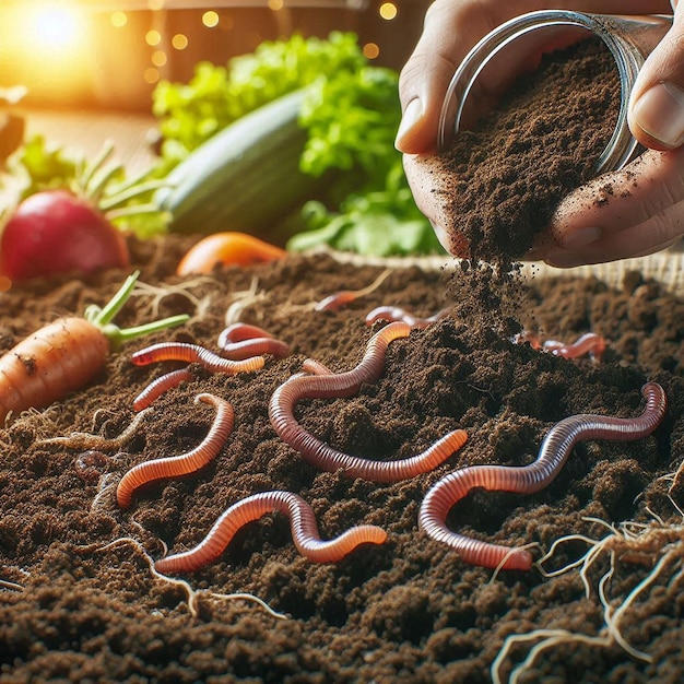 A healthy, vibrant soil profile, rich in organic matter and visible earthworms, demonstrating the benefits of sustainable farming practices on soil health.