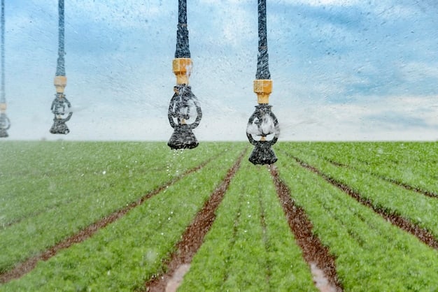 A detailed image of a drip irrigation system slowly watering rows of flourishing crops in a US farm, illustrating efficient water usage in sustainable agriculture.