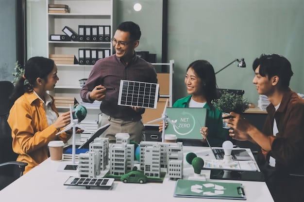 A diverse group of community members looking at a diagram of a community solar project, indicating local engagement and adoption of renewable energy.