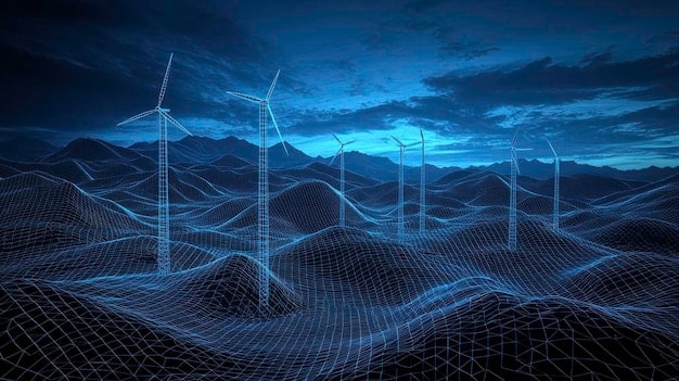 A futuristic smart grid visualization with data points flowing between wind farms, solar arrays, and urban centers, illustrating optimized renewable energy distribution.
