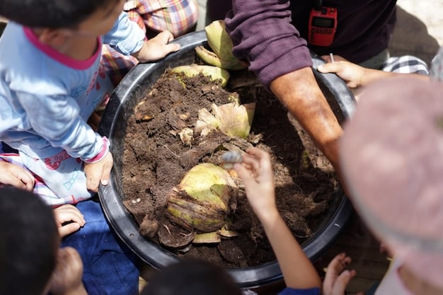 A photo of a community composting workshop where people are learning how to compost, engaging in community conversation and sharing. The scene is interactive and highlights the educational aspect of composting. The scene highlights How Can US Households Reduce Food Waste by 25% in 2025 Using New Composting Techniques?