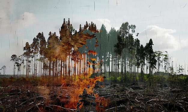 An image depicting the aftermath of a forest fire, juxtaposed with an image of a deforested area. This illustrates the risk of impermanence and leakage associated with some carbon offset projects. It represents the challenges in ensuring US Companies: Are Carbon Offset Programs a Viable Strategy for Achieving Net-Zero Emissions by 2050?.