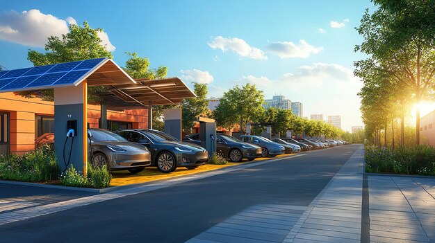 A residential street with houses equipped with solar panels. Some electric vehicles are parked in driveways, and there are visible bike lanes on the street. The scene illustrates a community actively embracing renewable energy and sustainable transportation.