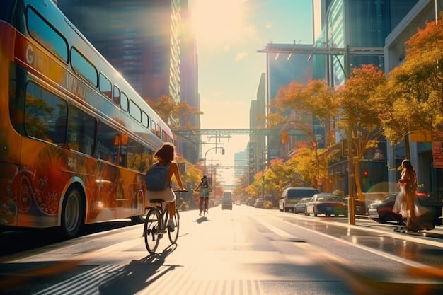 A city street scene with buses and cyclists sharing the road. The buses are clearly marked as low-emission or electric. Bike-sharing stations are also visible, promoting cycling as an alternative mode of transport.