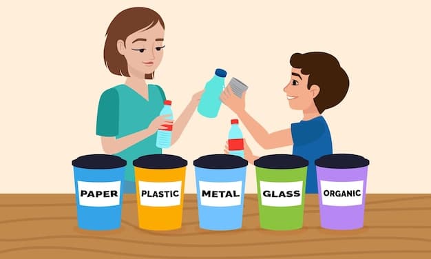Students sorting recyclable materials into different containers, guided by a teacher. The containers are clearly labeled for paper, plastic, and glass. The scene emphasizes the importance of proper waste sorting and recycling in schools, illustrating How Can US Schools Implement Sustainable Practices to Reduce Waste by 30% in the Next Academic Year?.