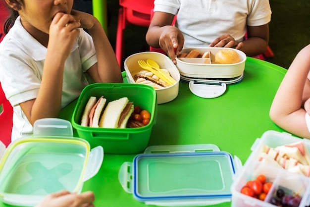 A school cafeteria with students using reusable trays and utensils. There are clearly labeled waste stations for composting food scraps, recycling, and general waste. The image demonstrates practical steps towards sustainable waste management in a school setting, illustrating How Can US Schools Implement Sustainable Practices to Reduce Waste by 30% in the Next Academic Year?.