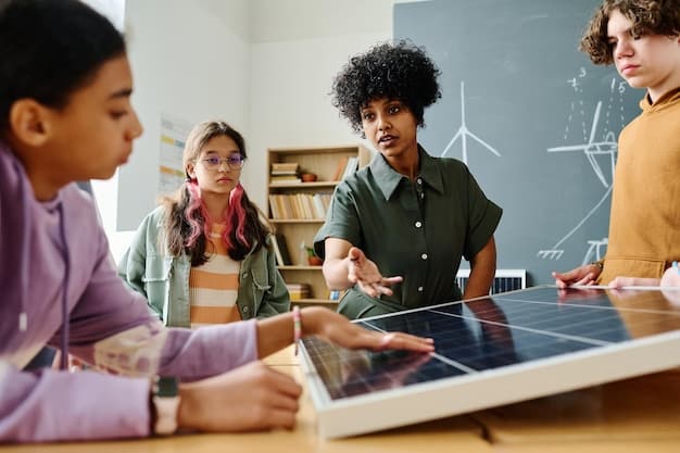 A medium shot of a classroom of students studying solar energy technology. The instructor is pointing at a diagram of a solar panel on a whiteboard. The students appear engaged and are taking notes. The setting emphasizes the importance of education and training in supporting the renewable energy sector, relevant to