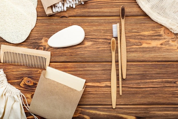 A visually appealing flat lay featuring a variety of zero-waste household essentials, including bamboo toothbrushes, solid shampoo bars, reusable food wraps, and a glass jar filled with homemade laundry detergent. The composition conveys the ease and aesthetic appeal of sustainable living, directly addressing What are the Most Effective Strategies for Reducing Plastic Consumption in US Households by 20% in 2025?.
