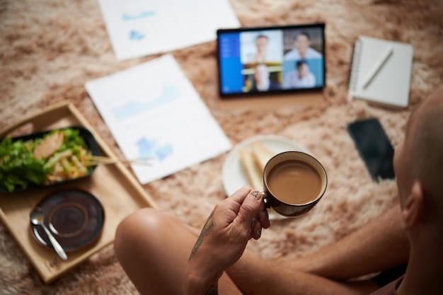 A professional with diverse background conducting a virtual meeting on a tablet, surrounded by notes and a coffee cup, illustrating flexible remote work and digital collaboration.