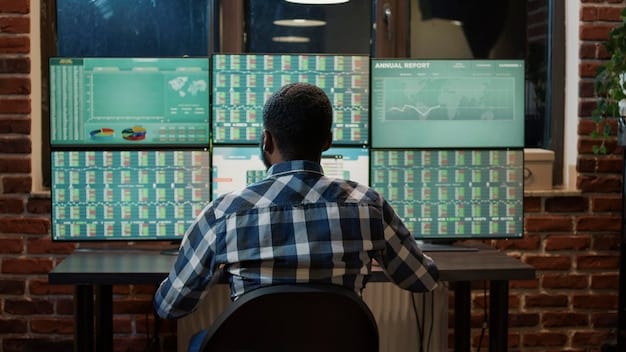A cybersecurity analyst monitoring multiple screens displaying network security alerts and data streams, emphasizing the critical importance of digital protection in remote work environments.