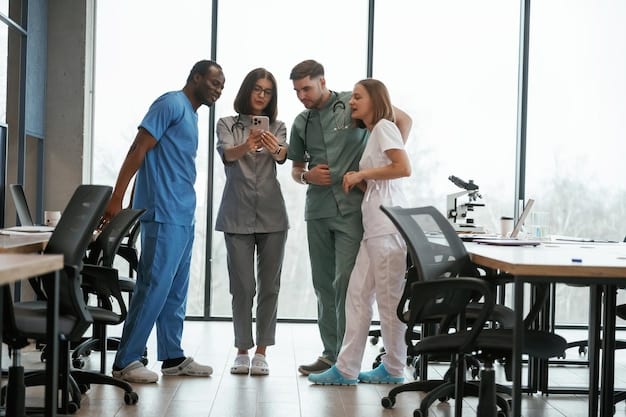 A diverse group of healthcare professionals (doctors, nurses, technicians) in a bright, modern setting, engaged in collaborative discussion and patient care, symbolizing a strengthened and diverse healthcare workforce.