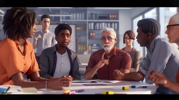 A diverse group of educators and community leaders engaged in a discussion about educational policies, demonstrating collaboration and varied perspectives.