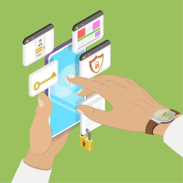 Illustration of a person interacting with a secure digital interface on a tablet, with biometric authentication and privacy settings visible, representing individual data control.