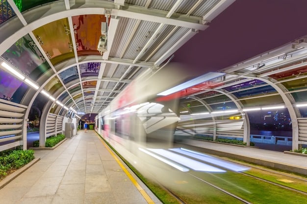 A high-speed train gliding through a modern station with sleek architecture, surrounded by urban development, symbolizing sustainable public transit.