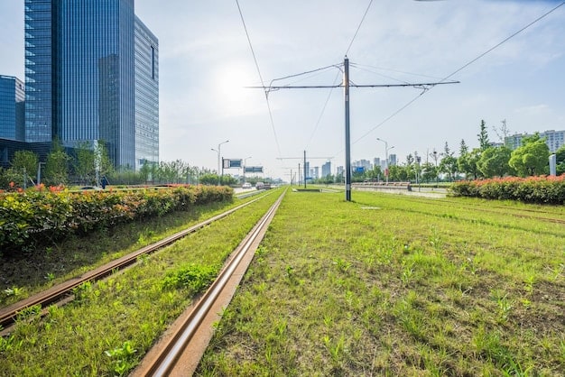 An elevated segment of a light rail system weaving through a verdant urban park, with solar panels on nearby buildings, signifying sustainable urban transport and green energy.