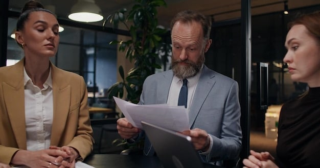 A legal professional explaining complex policy documents to a small group of business owners, indicating the need for expert guidance on labor law changes. They are in a well-lit modern office.