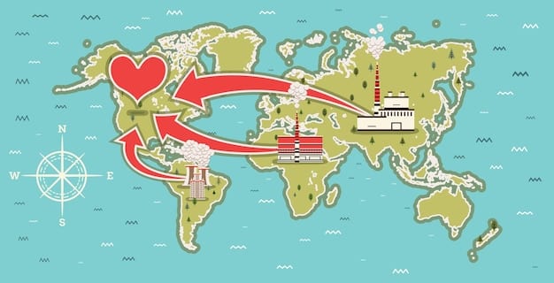 A stylized map of global trade routes with certain paths highlighted in red, signifying disruption or new barriers, while others are in green, indicating new opportunities or traditional flows.