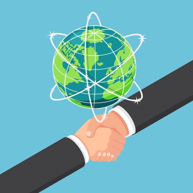 Two hands, one larger and one smaller, shaking firmly over a stylized globe, with lines radiating outwards representing interconnectedness and power dynamics in global trade negotiations.
