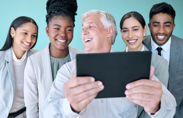 A diverse group of people from different age groups and backgrounds, each holding a tablet or laptop, happily connected, symbolizing universal internet access.
