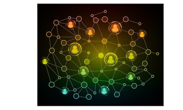 A detailed network diagram showing data flow across various nodes, with smaller community icons dotting the landscape, illustrating the reach of telecommunications into diverse communities.