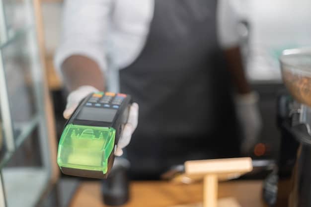 A close-up of a credit card being inserted into a point-of-sale machine, with a blurred background of a retail environment, symbolizing consumer transactions and lending.