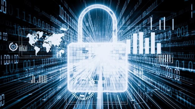 A digital padlock icon superimposed over a blurred image of financial data on computer screens, representing cybersecurity in banking.
