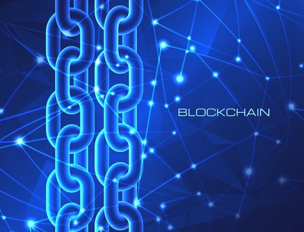 A digital abstract representation of a secure blockchain network with glowing nodes and interconnected lines, symbolizing protected digital innovation and data integrity, against a dark blue background.