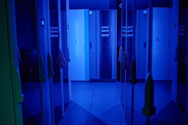 A detailed server room with glowing blue data streams, symbolizing robust cybersecurity infrastructure protecting digital information, emphasizing data privacy and security.