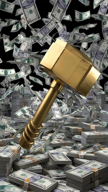 A stylized gavel with stacks of money notes under it, symbolizing legal decisions impacting financial regulations. The image uses a modern, clean aesthetic.