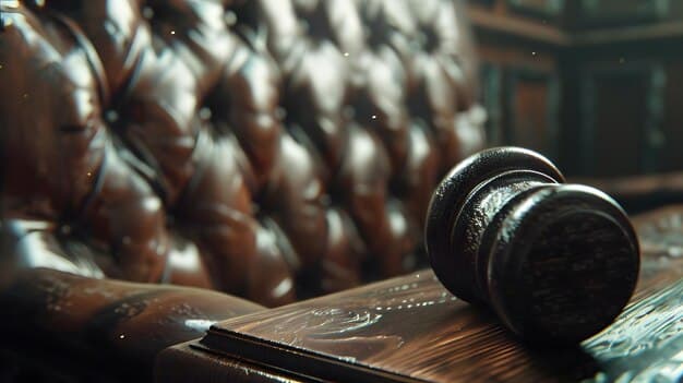 A courtroom scene with a judge and lawyers, emphasizing the legal aspects of gun policy, perhaps a gavel on the bench.