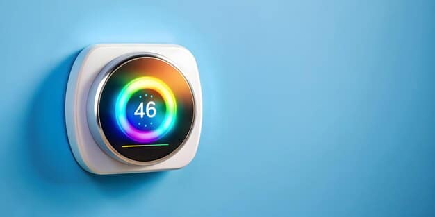 A close-up of an energy-efficient smart thermostat displaying reduced energy consumption. The background is a modern living room with LED lighting and energy-star appliances. The image conveys the convenience and savings associated with energy-efficient technologies. It should illustrate how updated US energy policy supports energy efficiency.